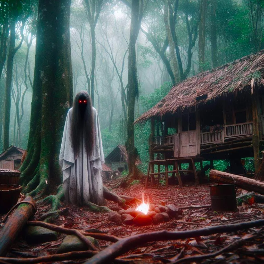 a ghost standing in a forest next to a fire