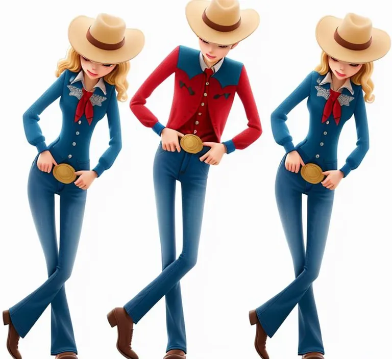 three images of a woman in a cowboy outfit