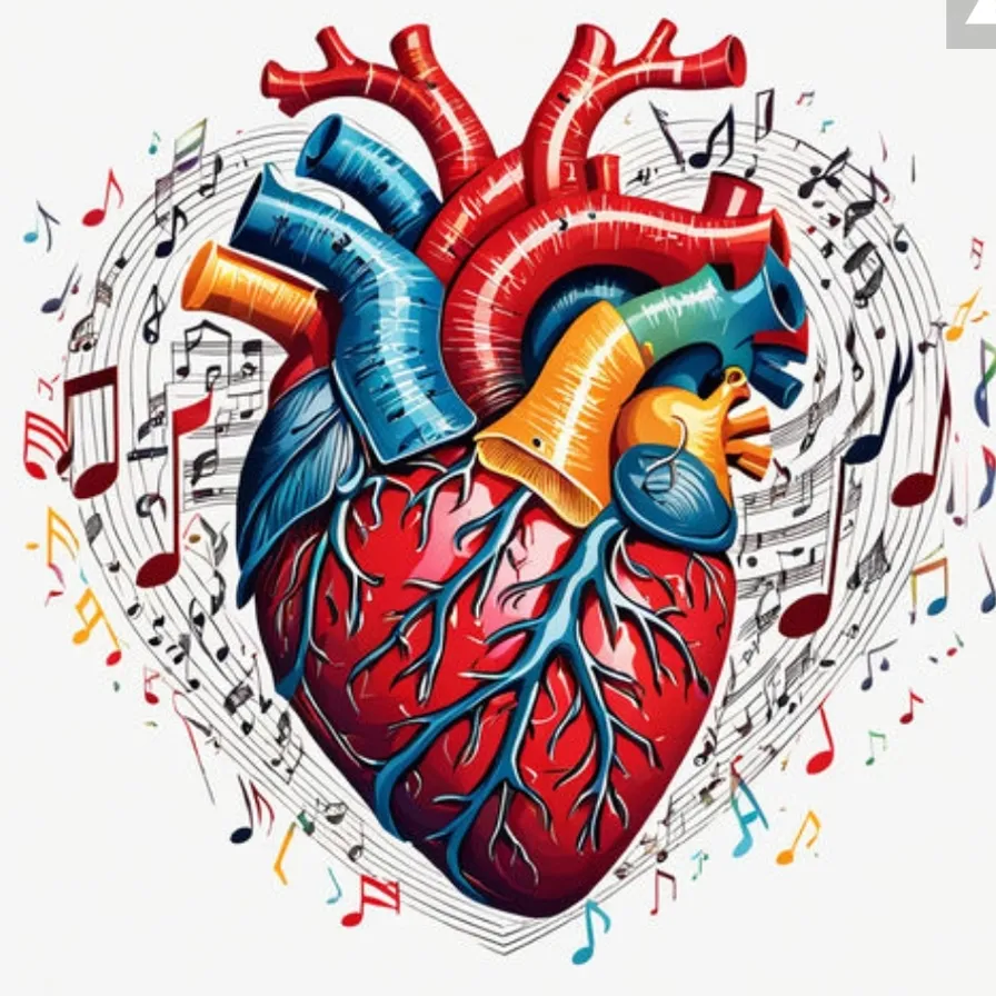 Illustration of a human heart wrapped in musical notes