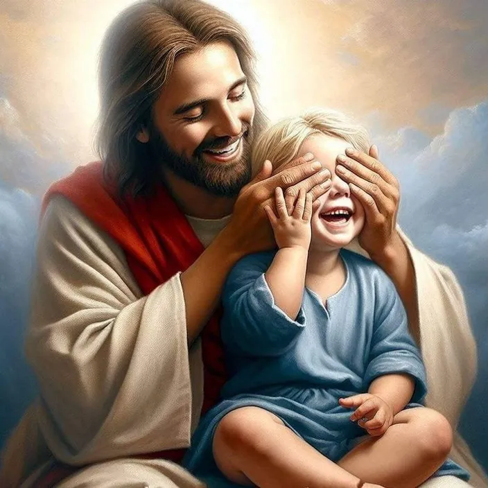 a painting of jesus holding a child