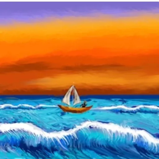 a painting of a sailboat in the ocean, it’s jumping, in the sky are sun eclipse