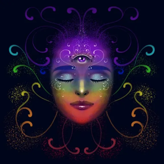 a woman's face with a psychedelic look