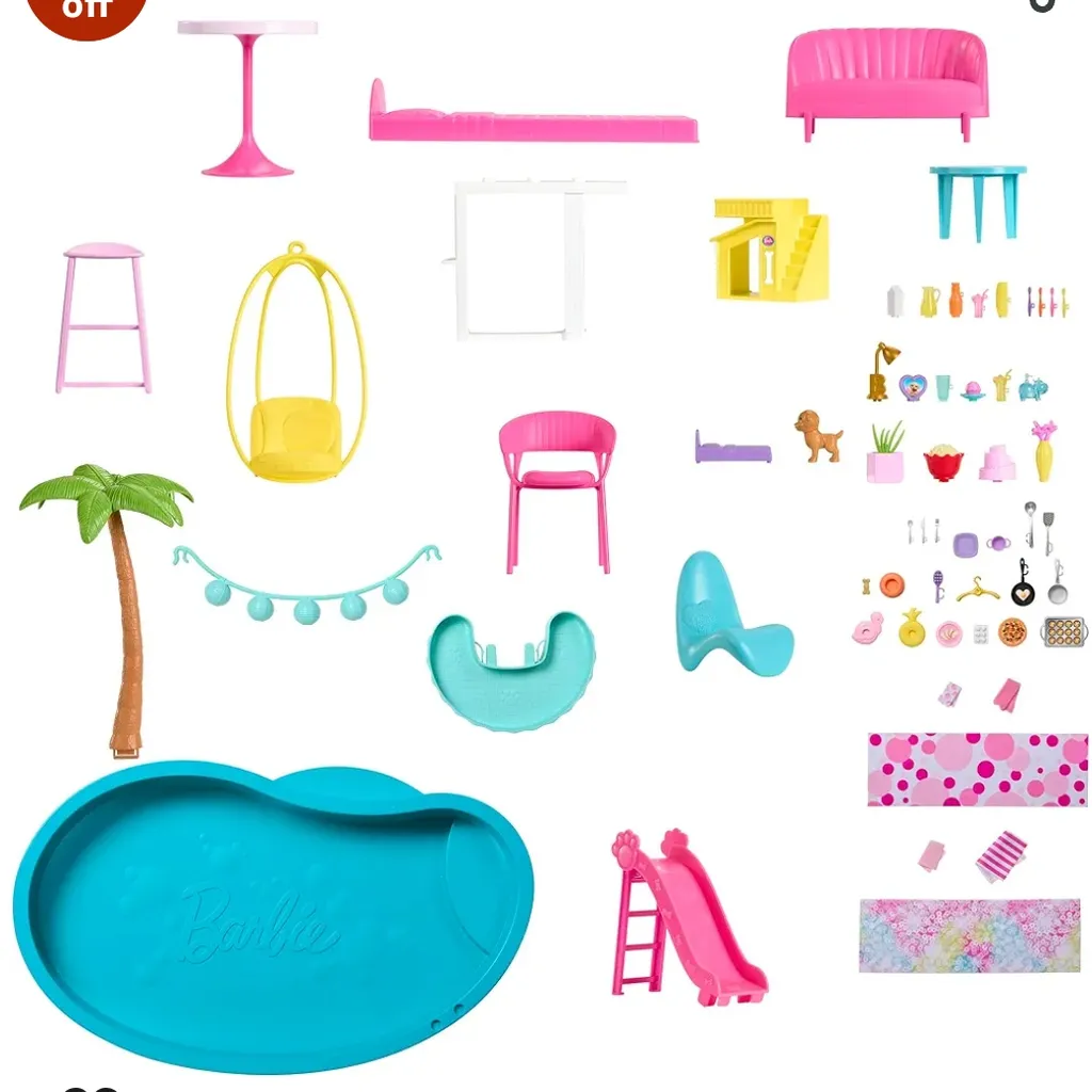 a collection of toys including a pool, beach chair, umbrella and other items