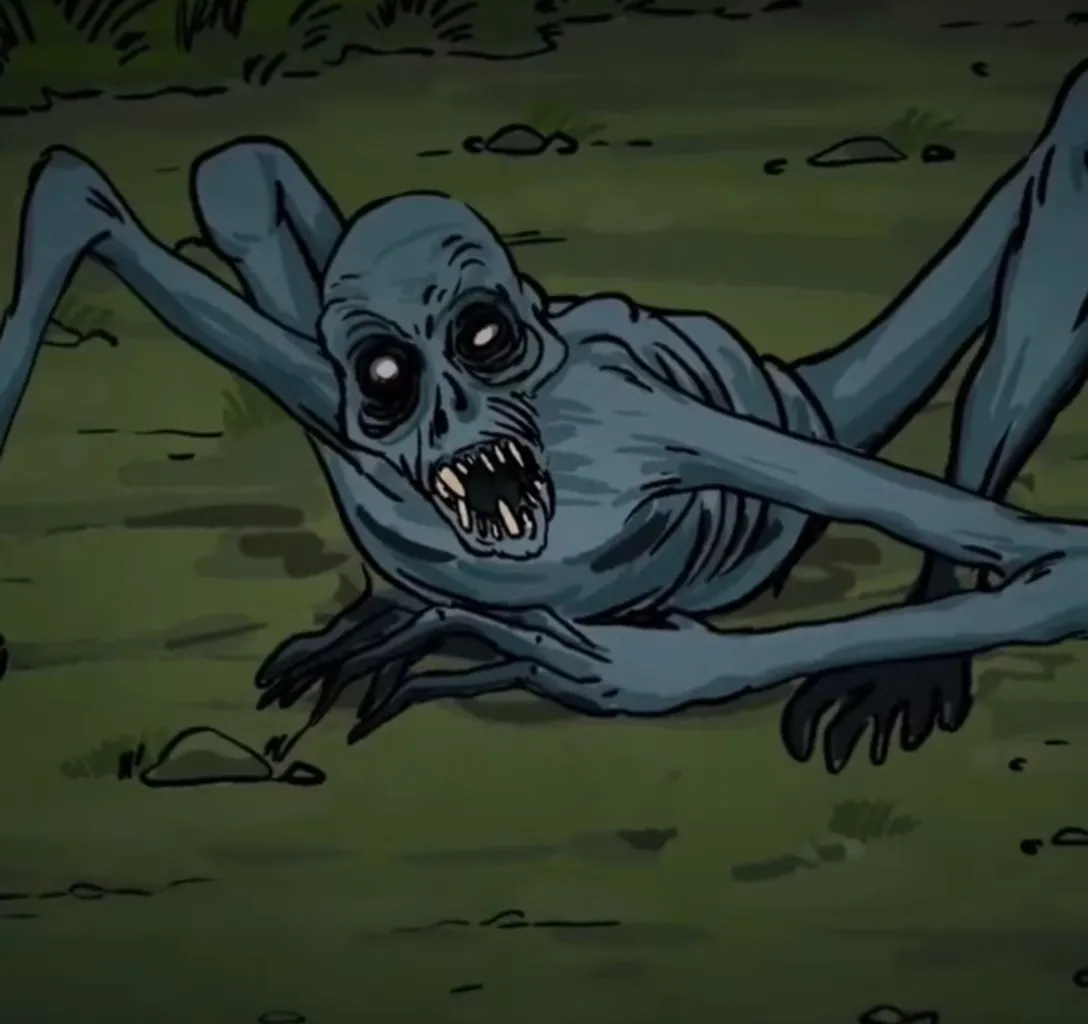 a cartoon picture of a creepy creature laying on the ground and trying to attack