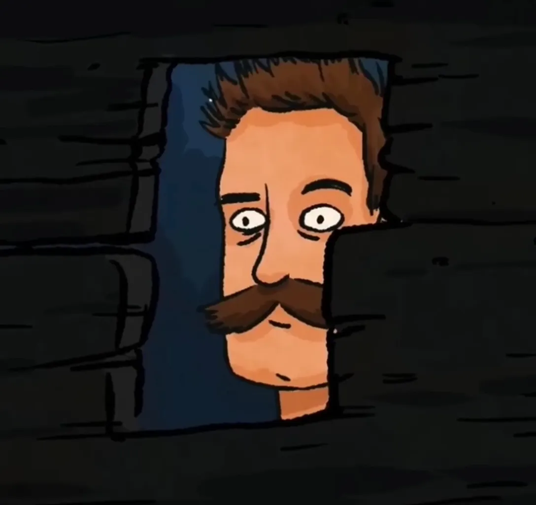 a cartoon of a man with a mustache peeking out of a hole