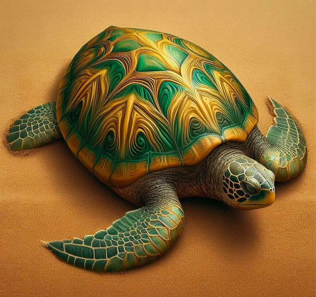 a painting of a turtle on a brown surface