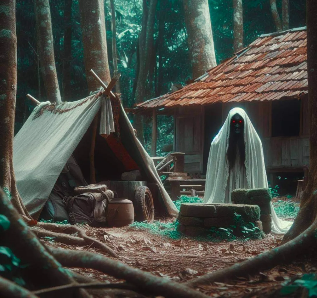 a woman in a white veil standing in a forest next to a teepee