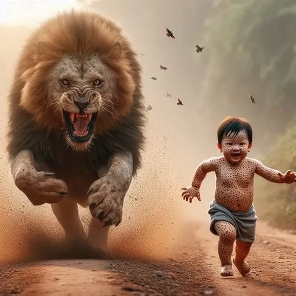 little boy running away from giant scary lion