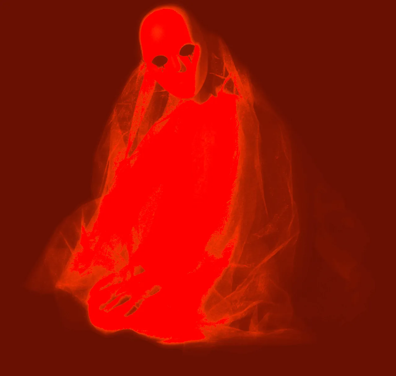 Red ghost sitting quietly among billowing steam from cups of tea, coffee, and hot chocolate on an antique table