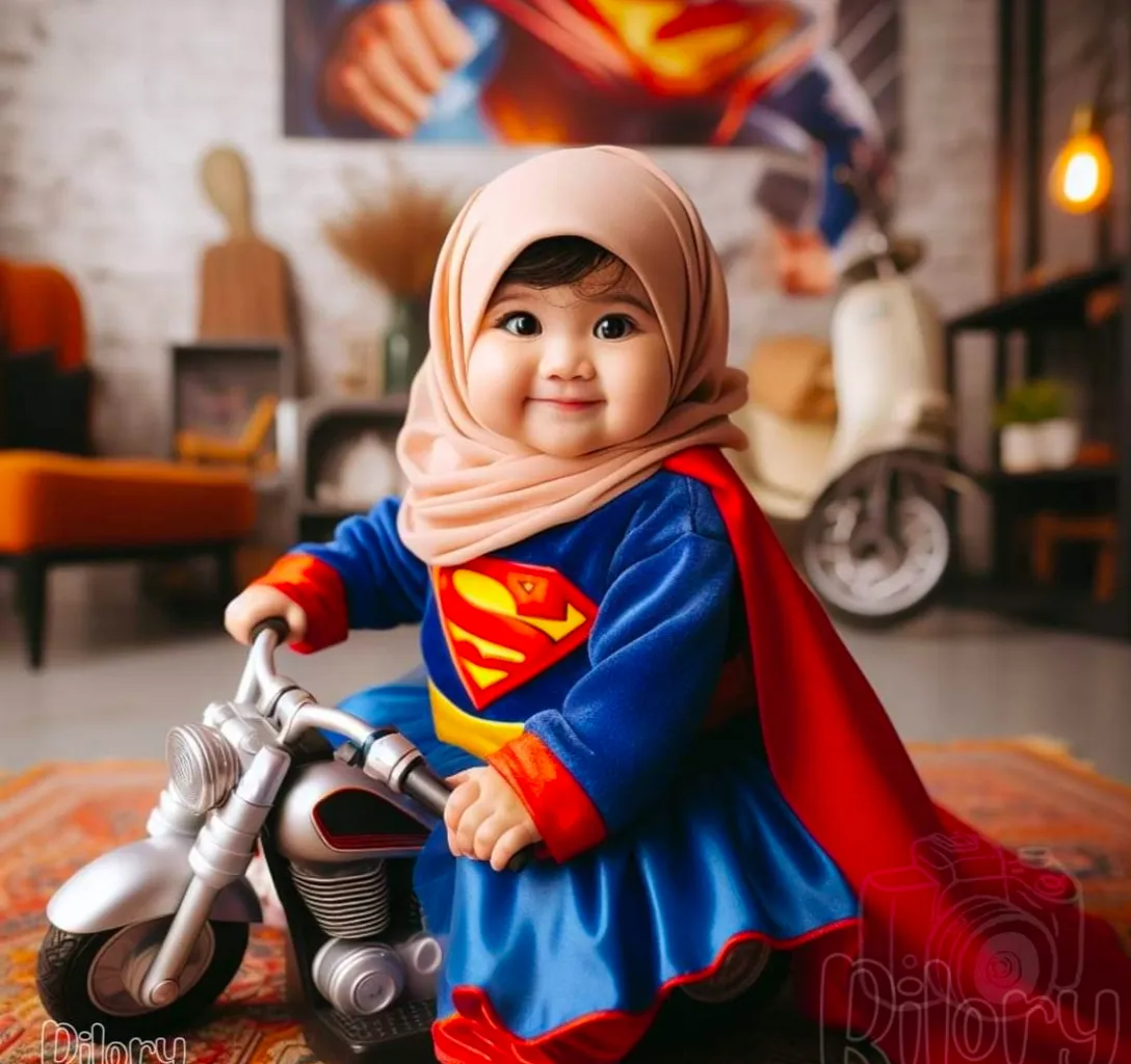 a little girl dressed in a superman outfit sitting on a toy motorcycle