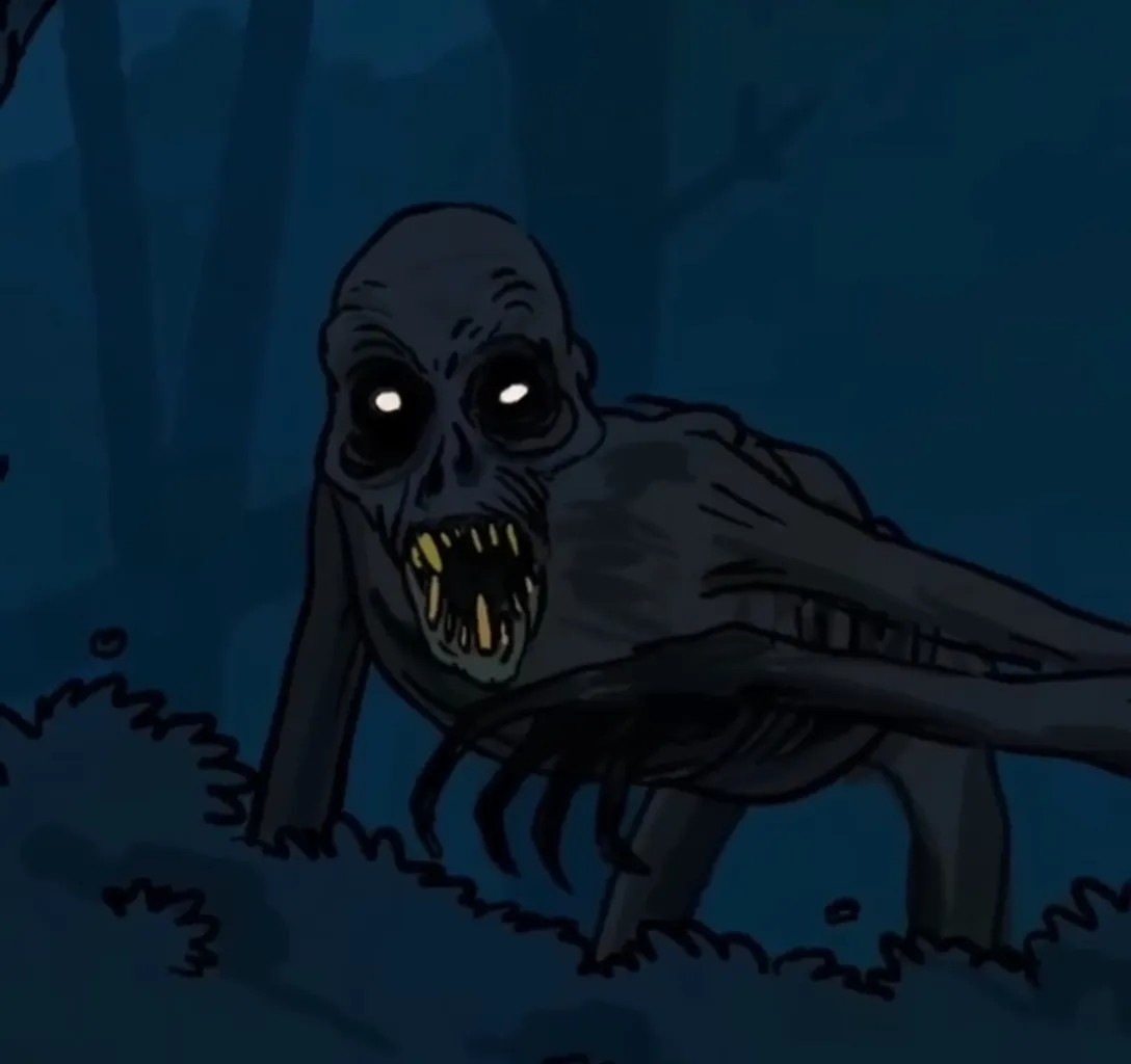 a cartoon of a creepy creature in the woods