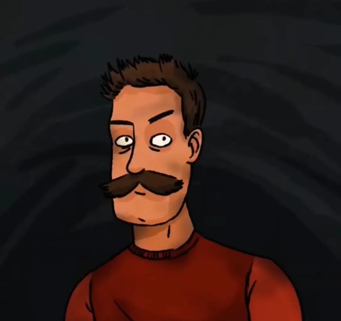 a cartoon of a man with a mustache looking Around 