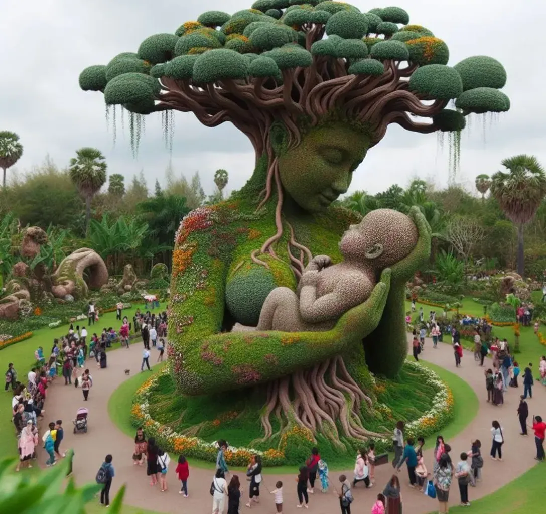 a group of people standing around a tree with a baby in it