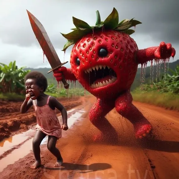 a little girl with sword in her hand running away from a giant strawberry