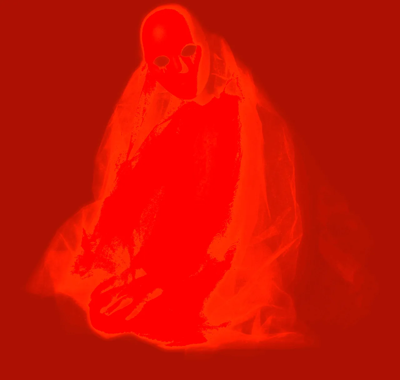 A person in a red veil standing on the edge of a bottomless red abyss, shrouded in mist.