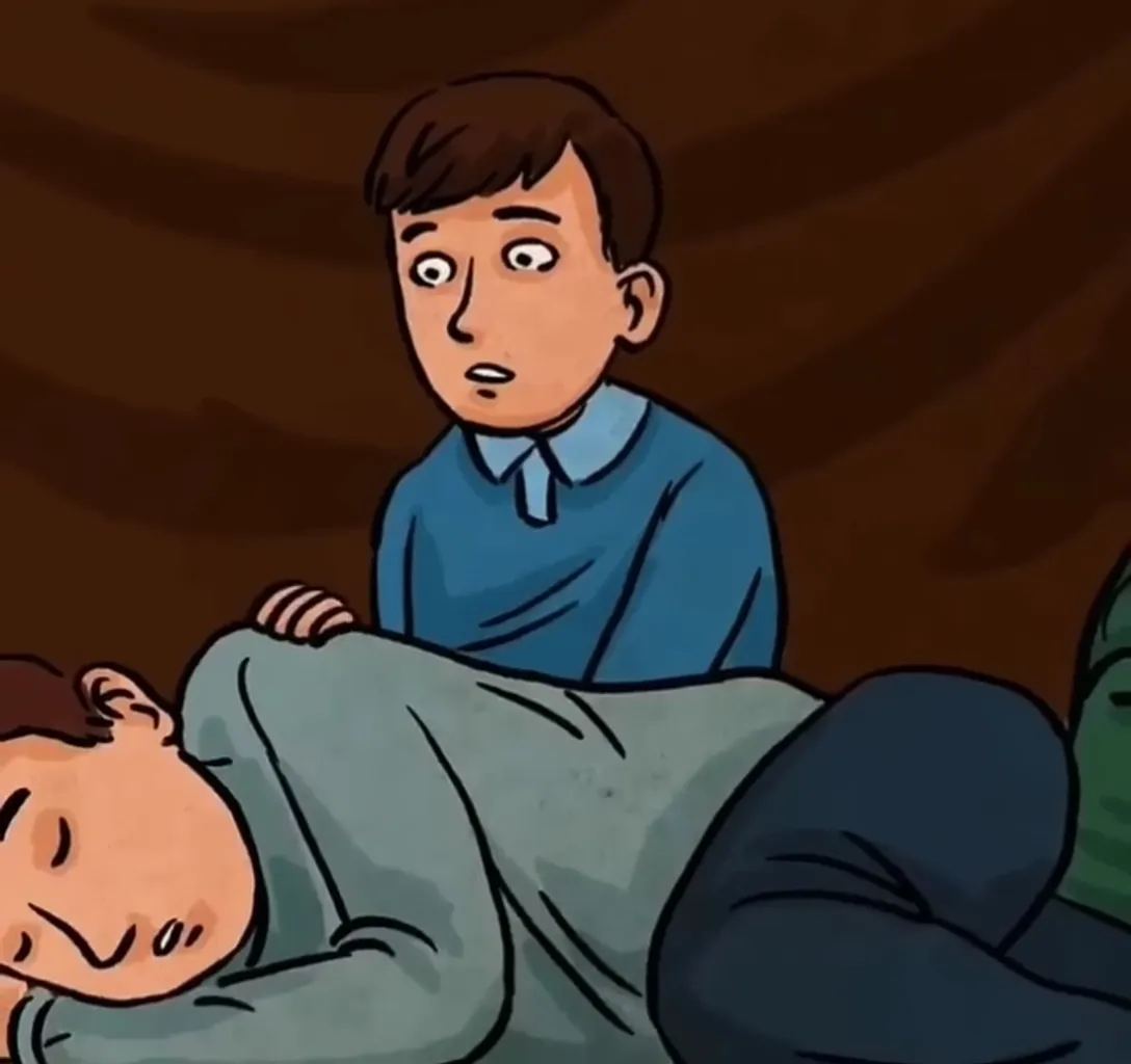 A animated cartoon scene. Where a boy trying to waking up another boy