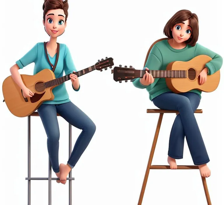 a woman sitting on a stool playing a guitar