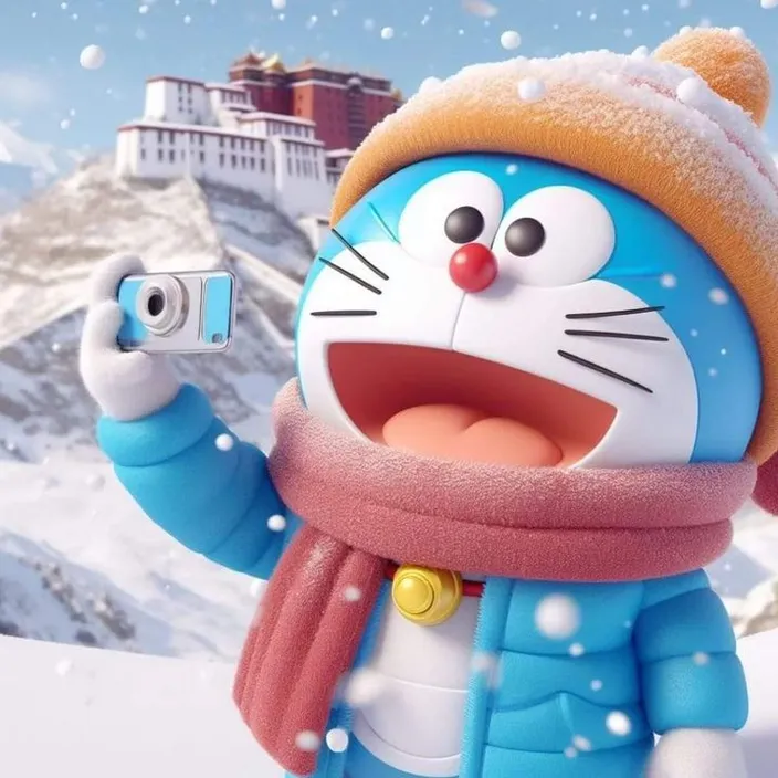 A robotic Doraemon character snowboarding down a hill while taking a selfie with a camera