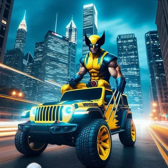 a wolverine riding on top of a yellow jeep