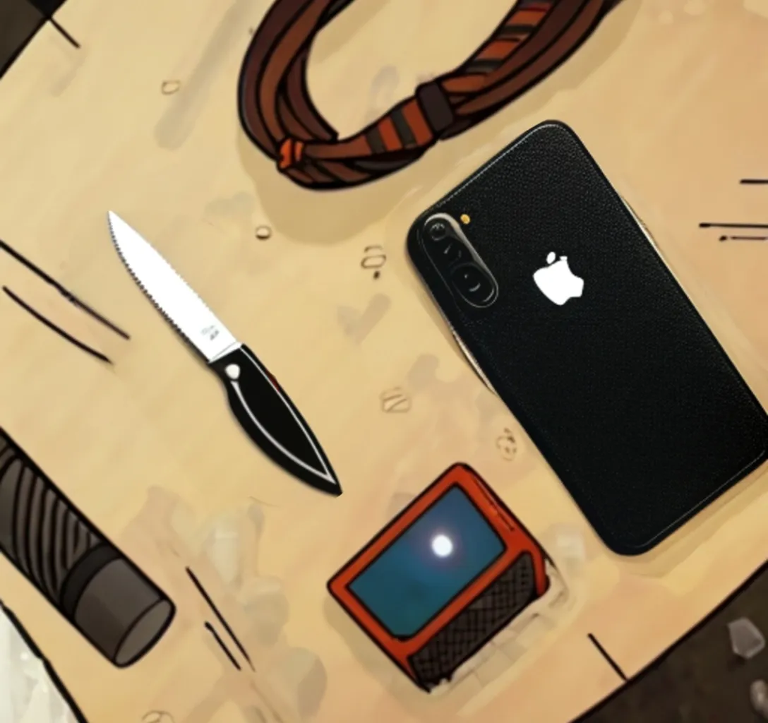 a cell phone sitting on top of a table next to a knife