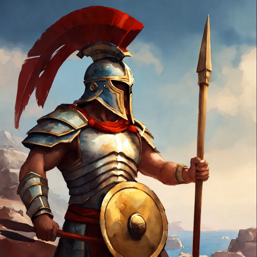 a painting of a roman soldier holding a spear and shield