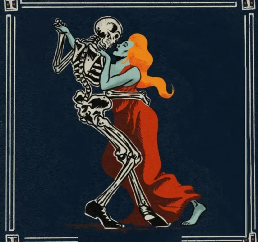 a skeleton hugging a woman in a red dress