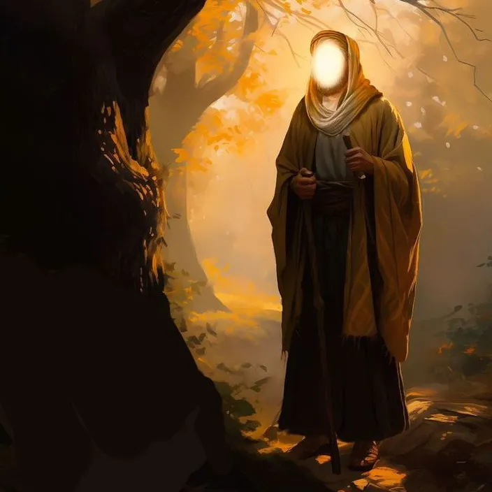 a man in a hooded robe standing in a forest