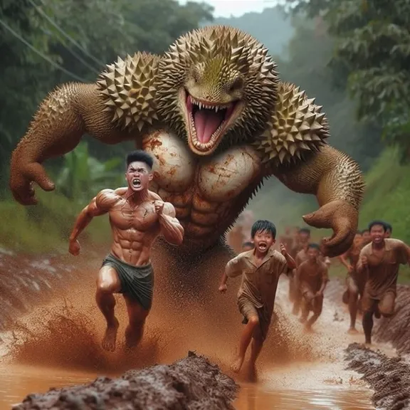 little boy is running away from a giant durian-monster