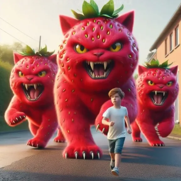 a boy running in front of a giant strawberry cats