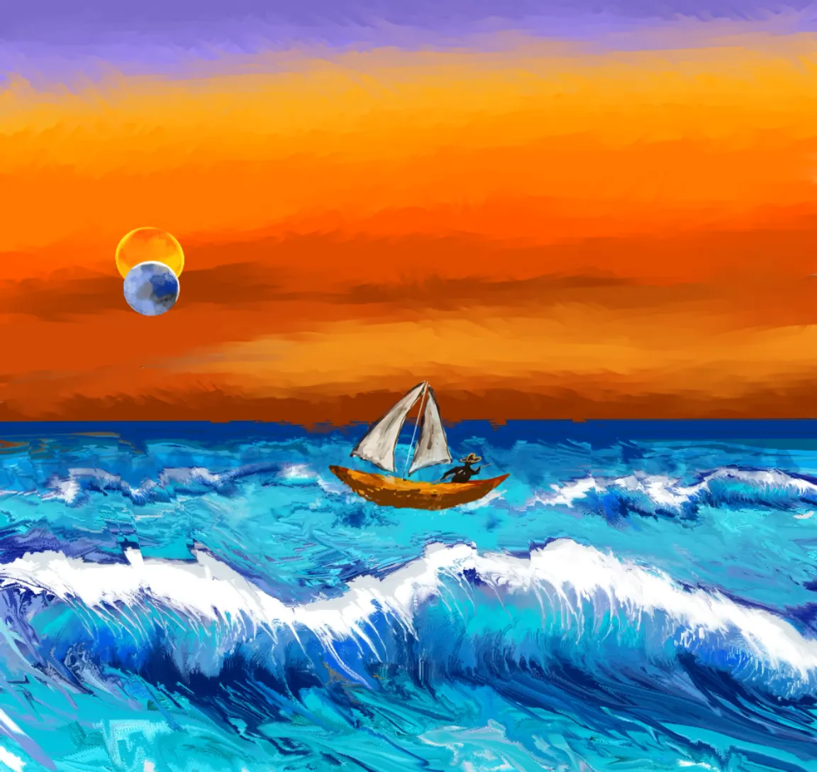 a painting of a sailboat in the ocean whit  sun eclipse in the sky 