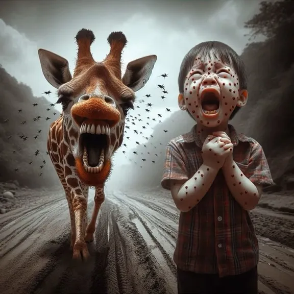 a young boy standing next to a giraffe on a dirt road