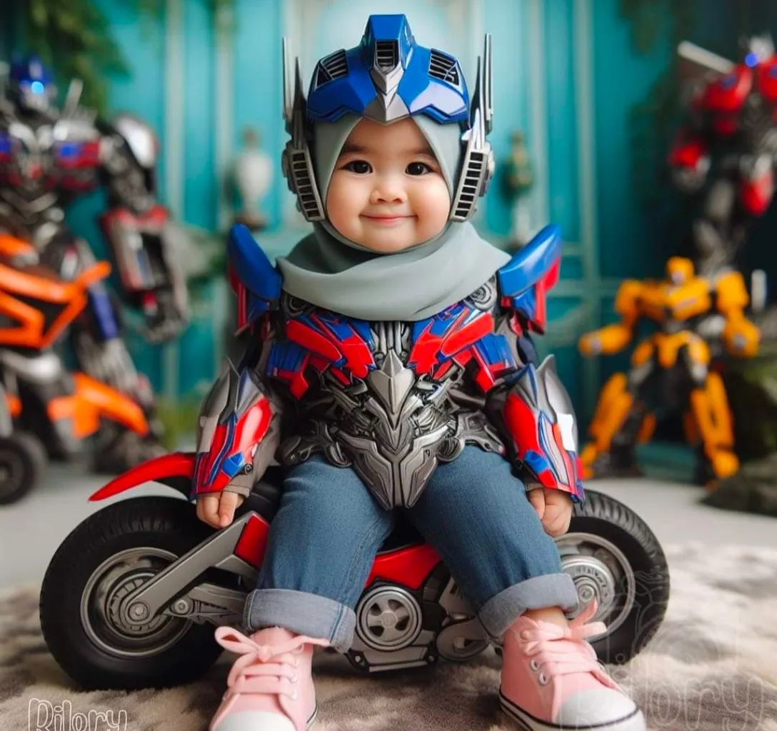 a small child sitting on top of a toy motorcycle