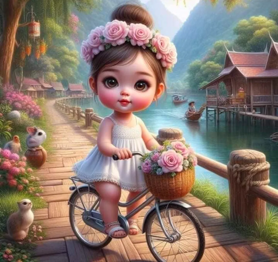 A little girl riding a bike along a picturesque coastal road during a sunset