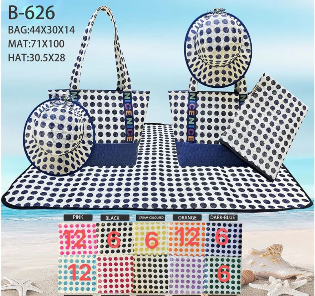 a large polka dot purse and matching purses on a beach