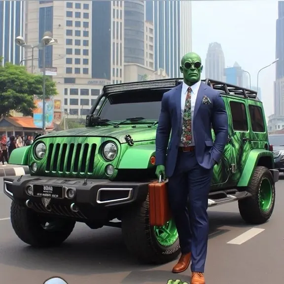 a hero hulk  in a suit and tie standing next to a green jeep