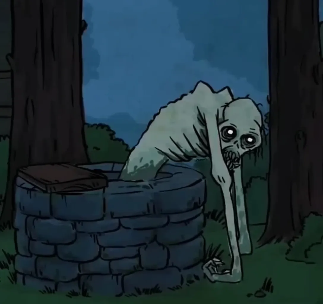 a cartoon picture of a creepy looking creature comes out from a well. Try to make the creature realistic 