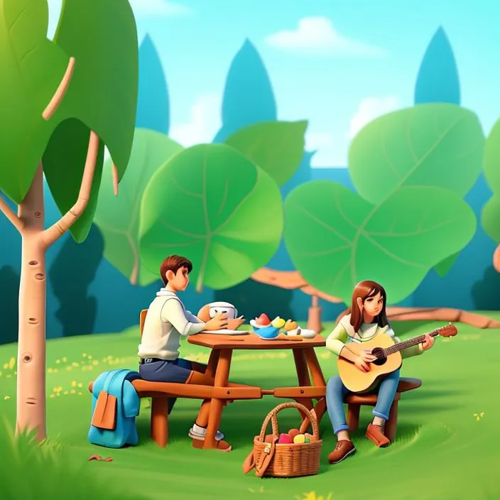 a man and a woman sitting at a picnic table