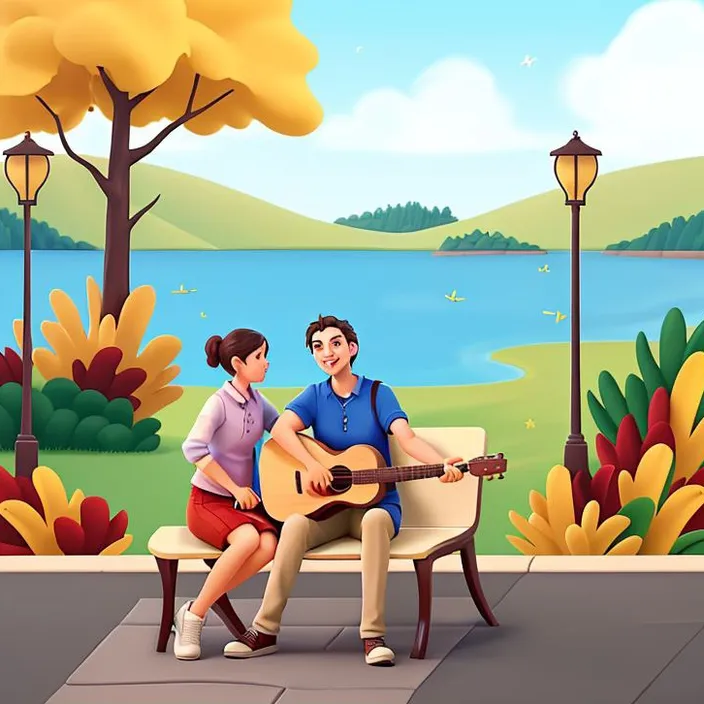 a man and a woman sitting on a bench playing guitar