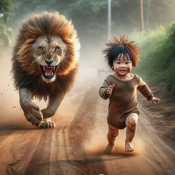 a lion and a child running down a dirt road