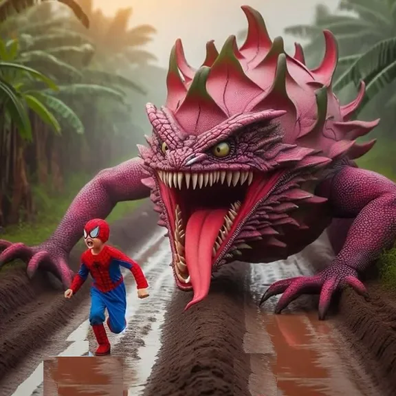 a little spiderman running away from giant fruit-monster