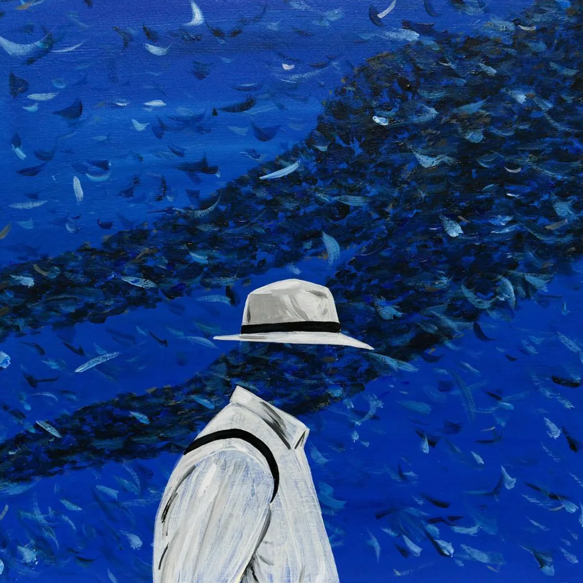 a painting of a man with a hat looking at a flock of fish