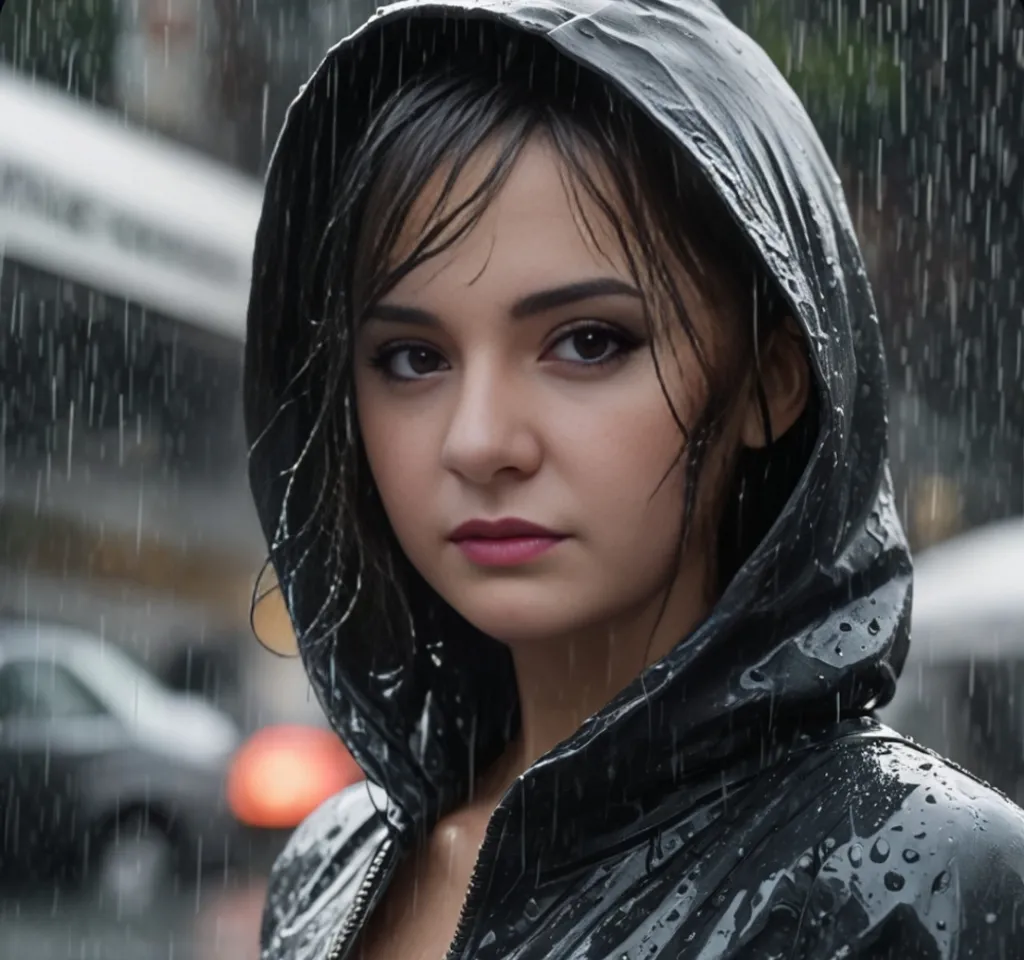 a woman in a raincoat standing in the rain