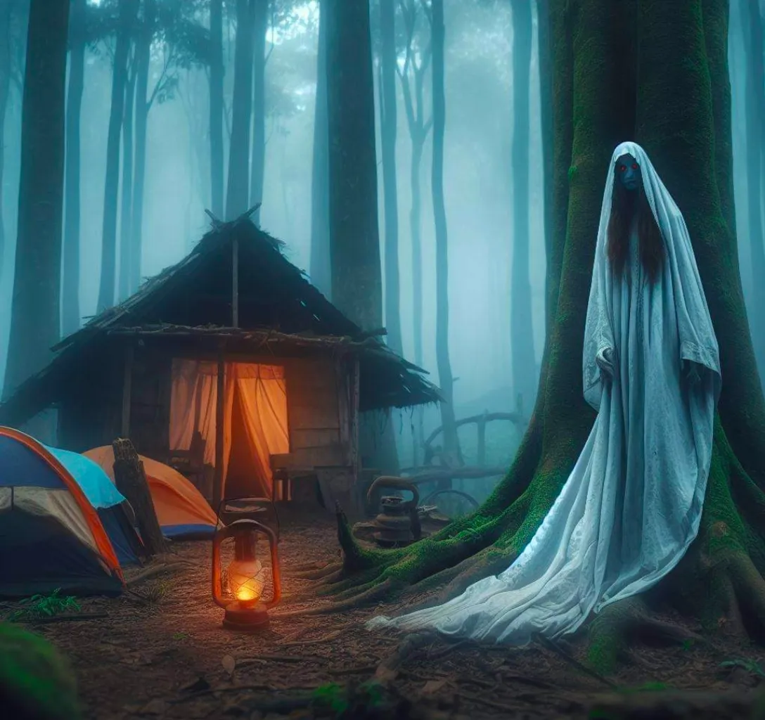 a ghost standing next to a tent in the woods