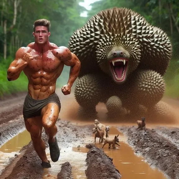 a man running away from durian-monster