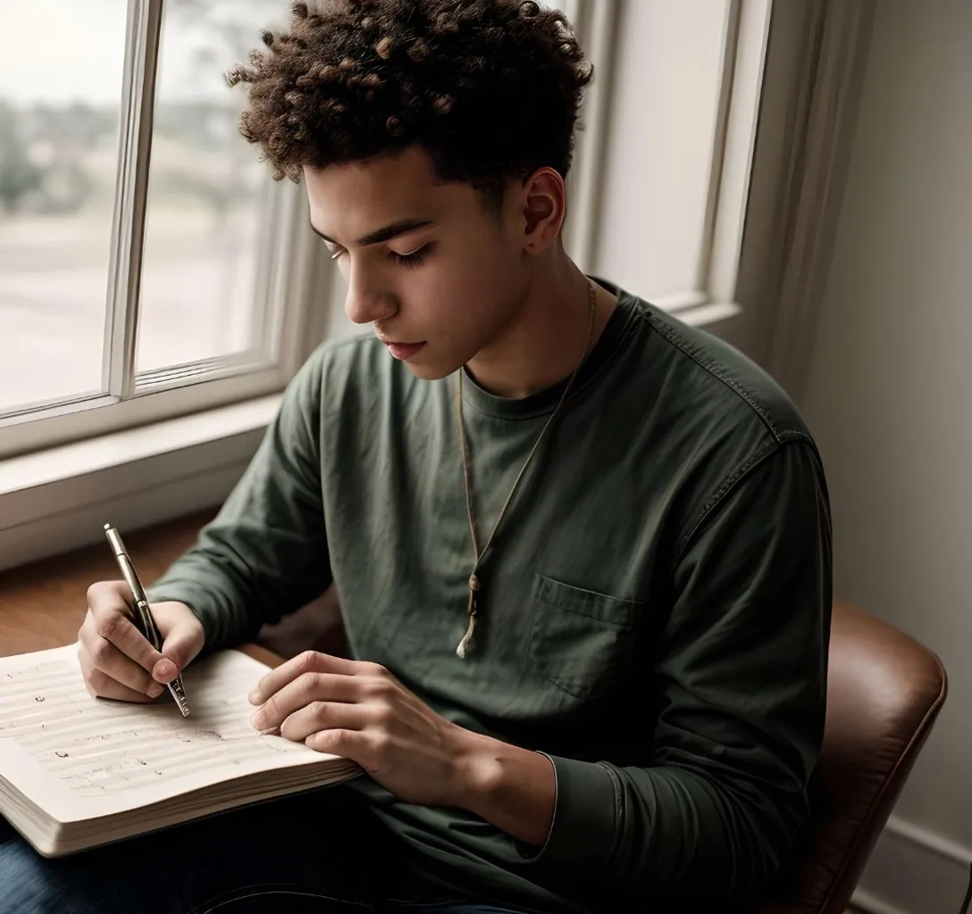 a young man sitting in a chair writing on a notebook of music 