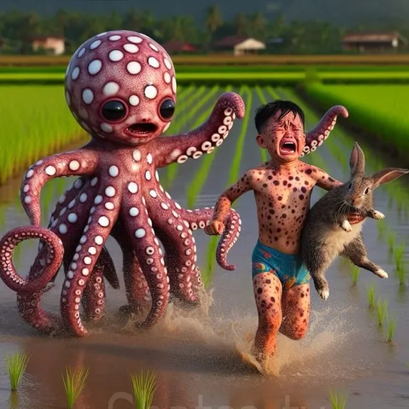 a boy with rabbit in the hand is running away from monster octopus