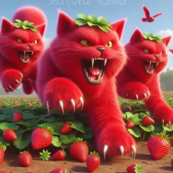 a group of red cats standing on top of a field of strawberries