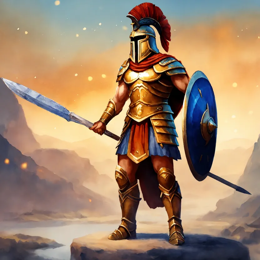 a man in armor holding a sword and a shield