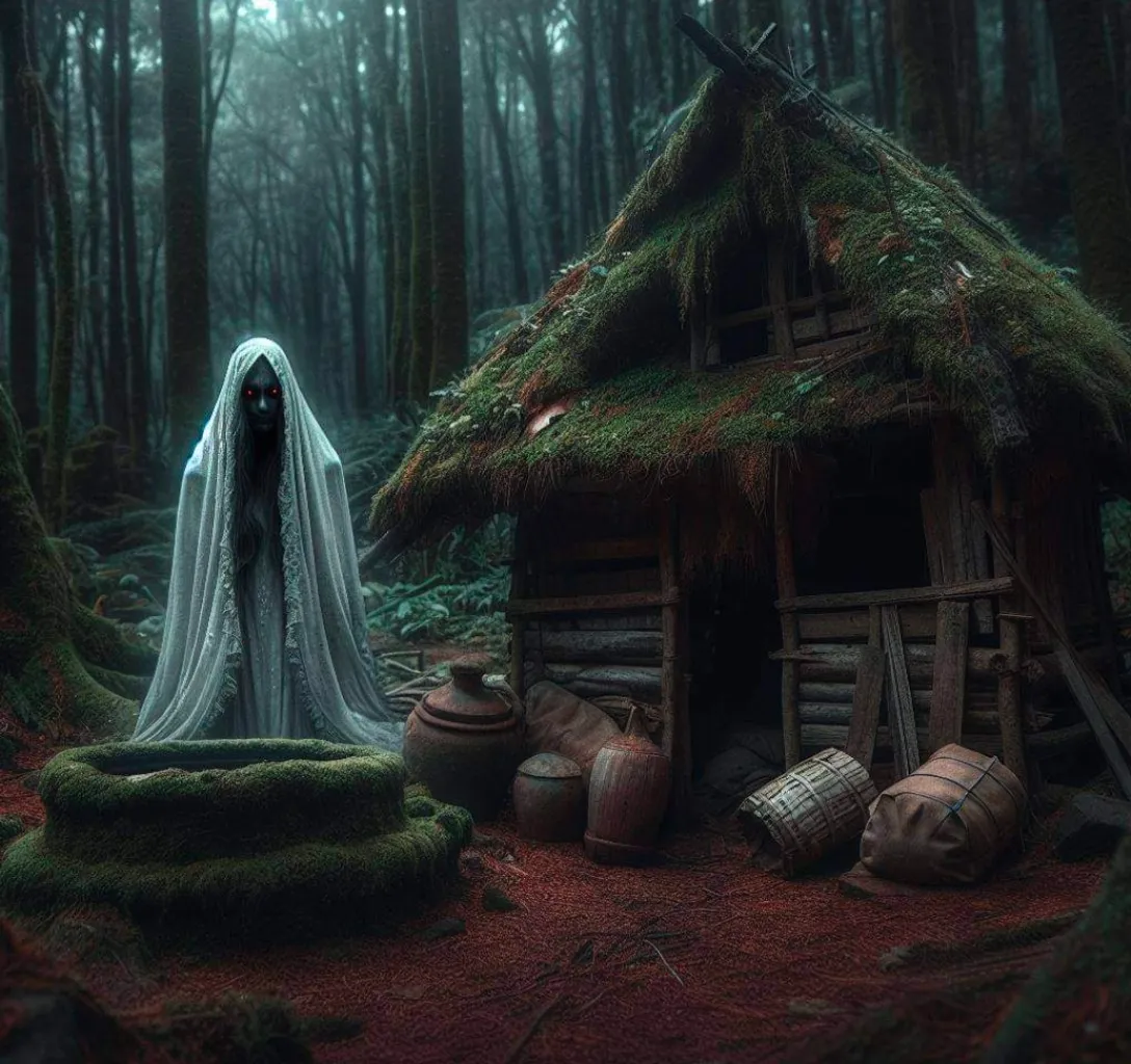 a house in the woods with a ghost standing in front of it