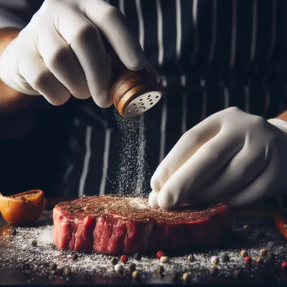 a chef sprinkling seasoning on a steak
